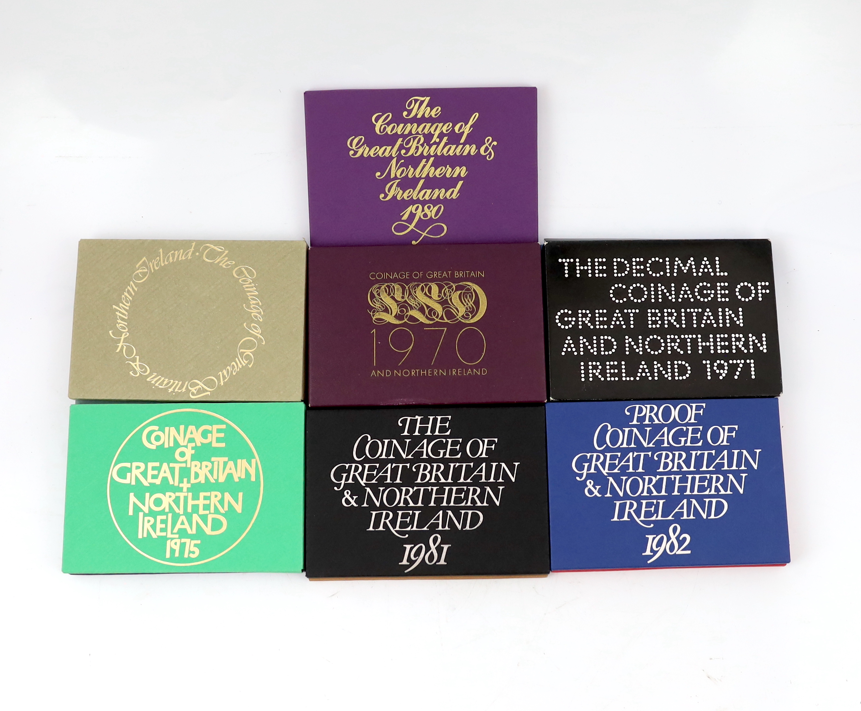 Royal Mint, QEII coins, twelve GB proof coin year sets, 1970-1982
